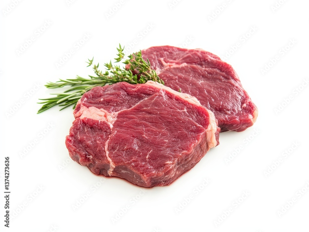 A close-up shot of raw, red steaks, artistically arranged with sprigs of herbs. It evokes a sense of fresh ingredients and culinary anticipation. A close-up shot of raw, red steaks, artistically arranged with sprigs of herbs. It evokes a sense of fresh ingredients and culinary anticipation.