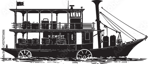 Vintage steamboat silhouette illustration for historical and nautical themed designs.