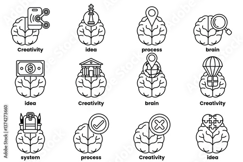 Set of illustrations in the concept of brain and things in line art style