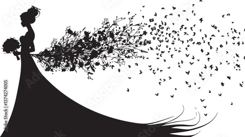 Elegant bride silhouette with floral and butterfly dress design for romantic themes.