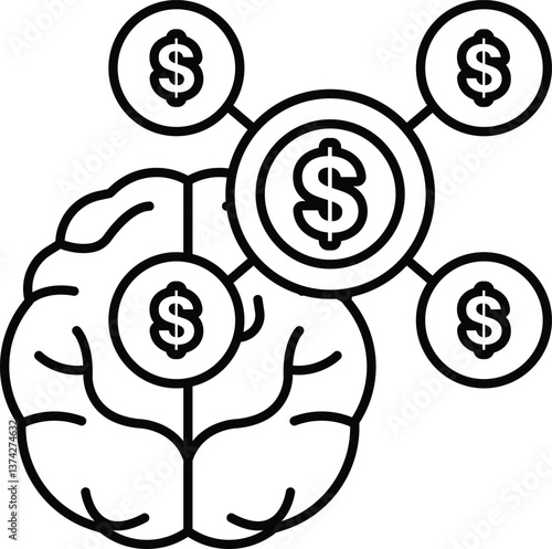 A brain with a bunch of dollar signs surrounding it