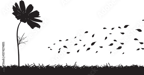 Minimalist flower silhouette with blowing petals and leaves for nature-themed designs.