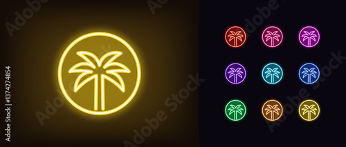 Outline neon palm tree icon set, round logo. Glowing neon coconut palm tree inside circle, tropical oasis icon. Exotic palm island, tropical paradise, summer holiday and vacation, resort. Vector icons