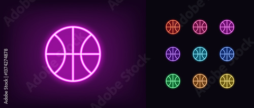 Outline neon basketball icon set. Glowing neon basketball game icon, sport ball. Basketball championship and tournament, sport league, game court, play ball. Vector icons set