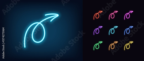 Outline neon hand drawn arrow set. Glowing neon curl arrow icon, doodle line arrowhead. Swirl arrow, hand drawn pointer, navigation, twisted cursor, move direction. Vector icons set