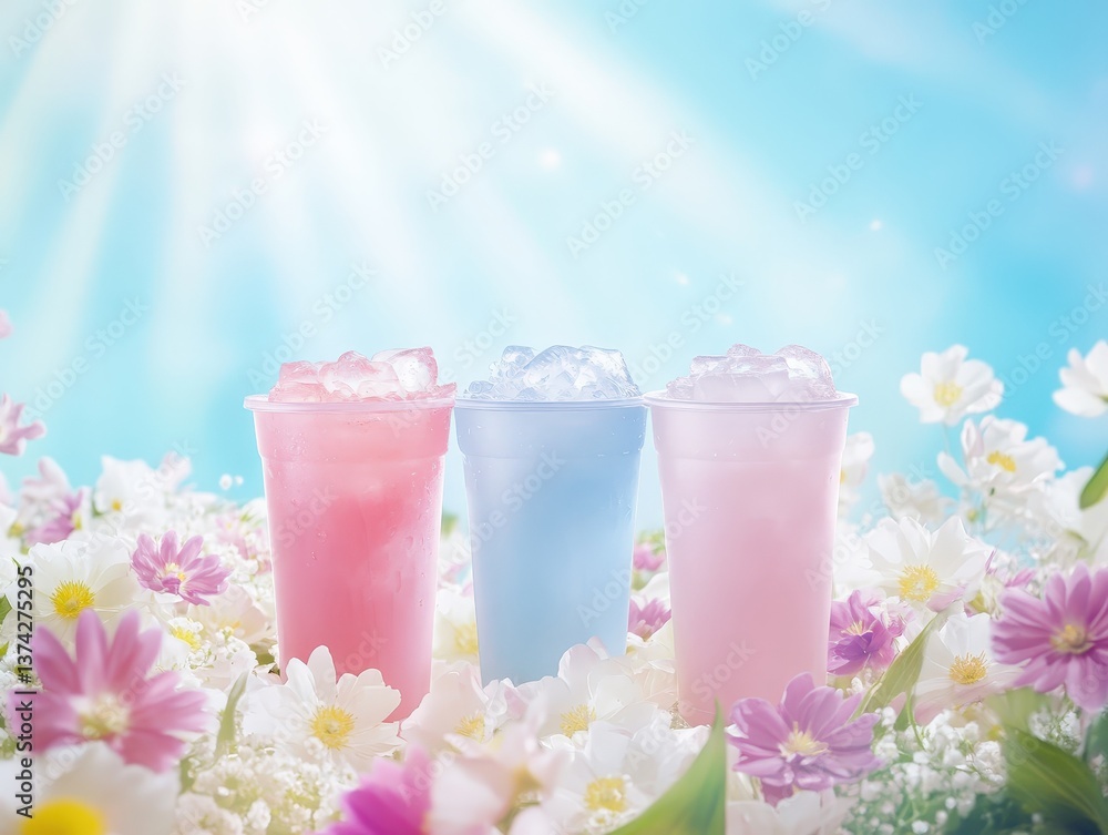 Delightful array of refreshing pastel-colored drinks nestled amidst a bed of vibrant flowers under a sunny sky, evoking feelings of joy and refreshment Delightful array of refreshing pastel-colored drinks nestled amidst a bed of vibrant flowers under a sunny sky, evoking feelings of joy and refreshment