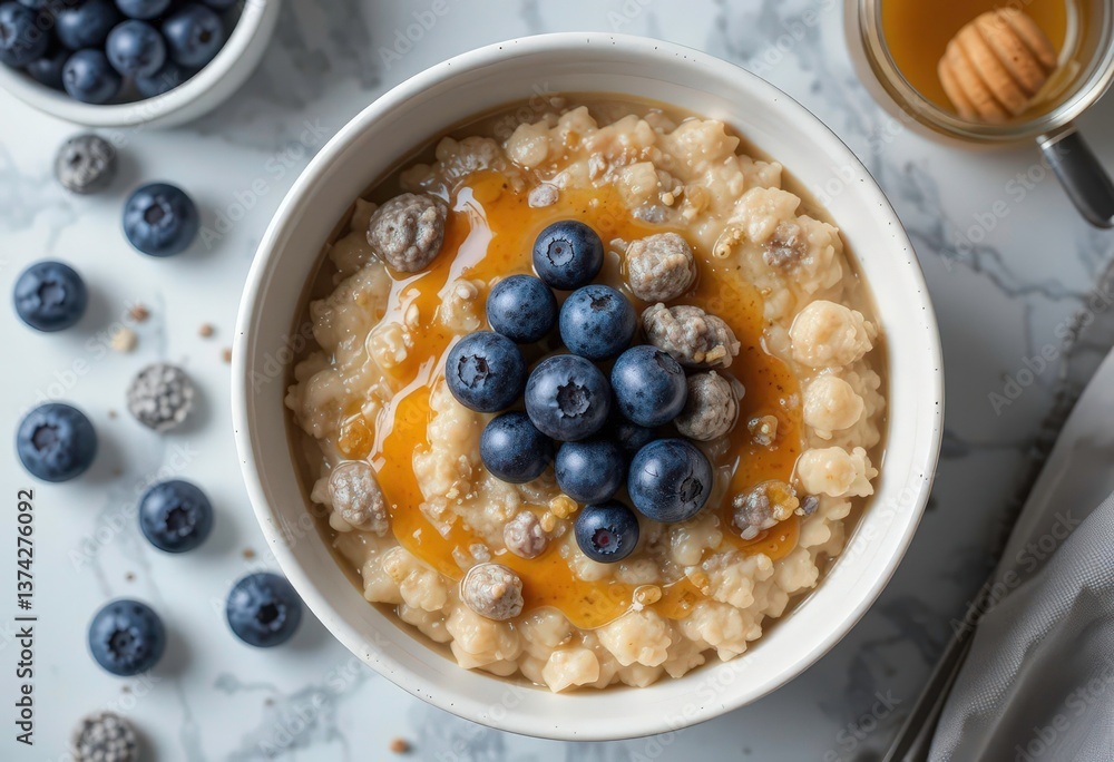 An overhead shot of an oatmeal bowl with artfully arranged blueberries and a honey drizzle, flat lay setup. An overhead shot of an oatmeal bowl with artfully arranged blueberries and a honey drizzle, flat lay setup.