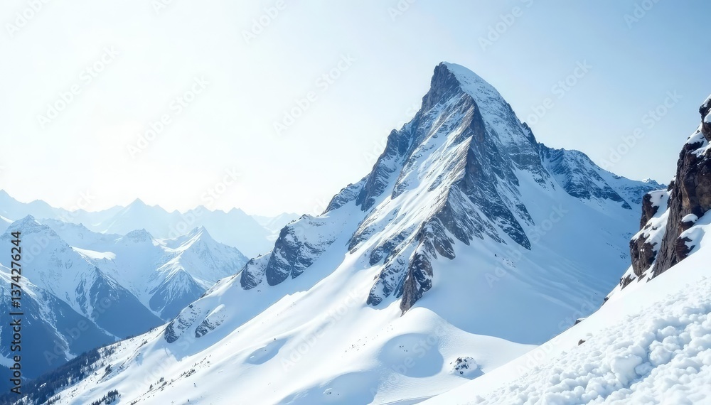 Obraz premium Snow-covered mountain peak against bright white sky, peak, mountain, high altitude