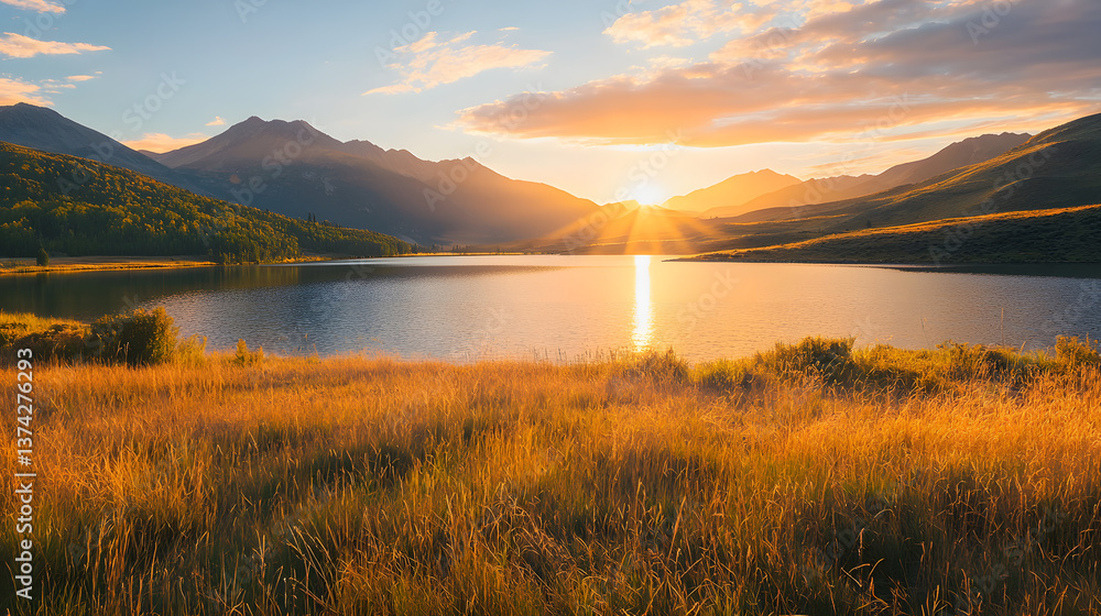 Fototapeta premium Serene sunset reflection over calm mountain lake tranquil landscape nature photography peaceful environment wide angle view