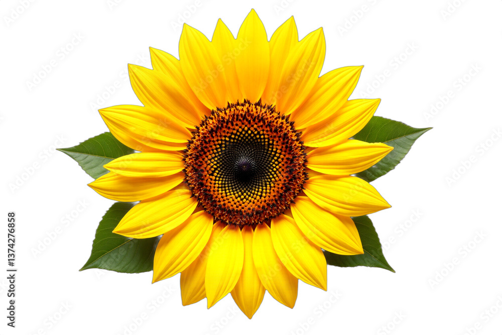Naklejka premium Bright sunflower bloom isolated on white background. Ideal for summer designs, agricultural themes, cheerful greetings, sunflower oil advertising. Isolated on transparent background.