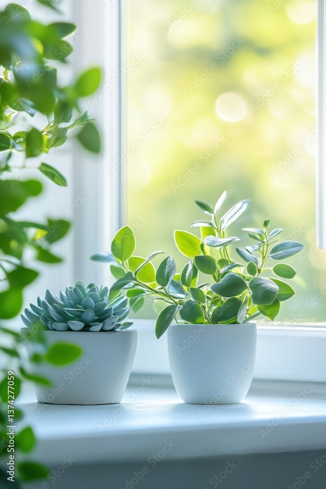 Serene indoor scene of succulent and leafy plant in white pots by a bright window creating a calming and refreshing atmosphere with natural light Serene indoor scene of succulent and leafy plant in white pots by a bright window creating a calming and refreshing atmosphere with natural light