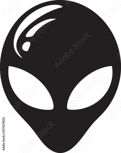 Simple black and white alien head icon for sci-fi designs and concepts.