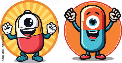 Two colorful cartoon characters shaped like medicine capsules with one large eye each, smiling faces, raised hands, and vibrant circular backgrounds in yellow and orange