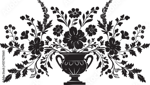 Elegant black floral silhouette with vase, perfect for decorative art and design projects.