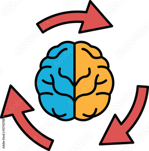 A brain with two different colored halves and arrows pointing to the left