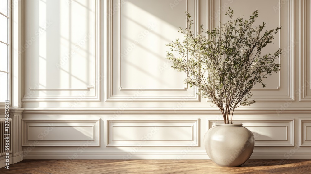 Fototapeta premium Interior showcases potted plant against paneled wall bathed in sunlight