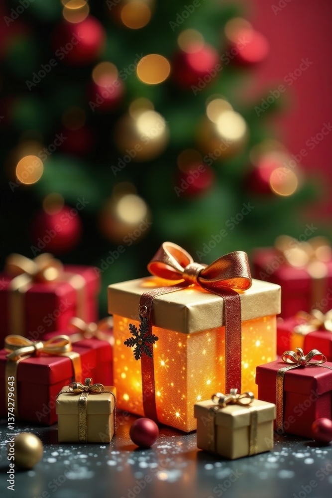 A Festive Collection of Illuminated Gift Boxes with a Sparkling Christmas Tree Background A Festive Collection of Illuminated Gift Boxes with a Sparkling Christmas Tree Background