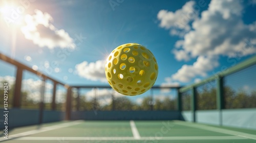 Yellow pickleball ball flying through the air on a sunny day, outdoor sports excitement, dynamic motion