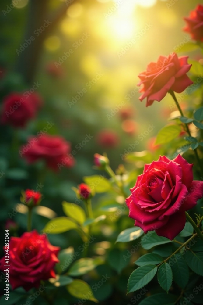 Fototapeta premium Golden Sunlight Illuminates a Lush Garden of Vibrant Red Roses in Full Bloom