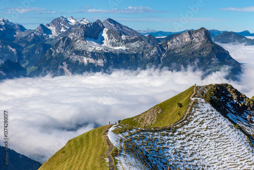 Beautiful mountain views from the peak of Stoos ridge, hiking in Switzerland.