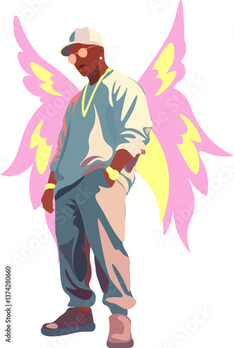 cool rapper in white clothes with pink fairy wings