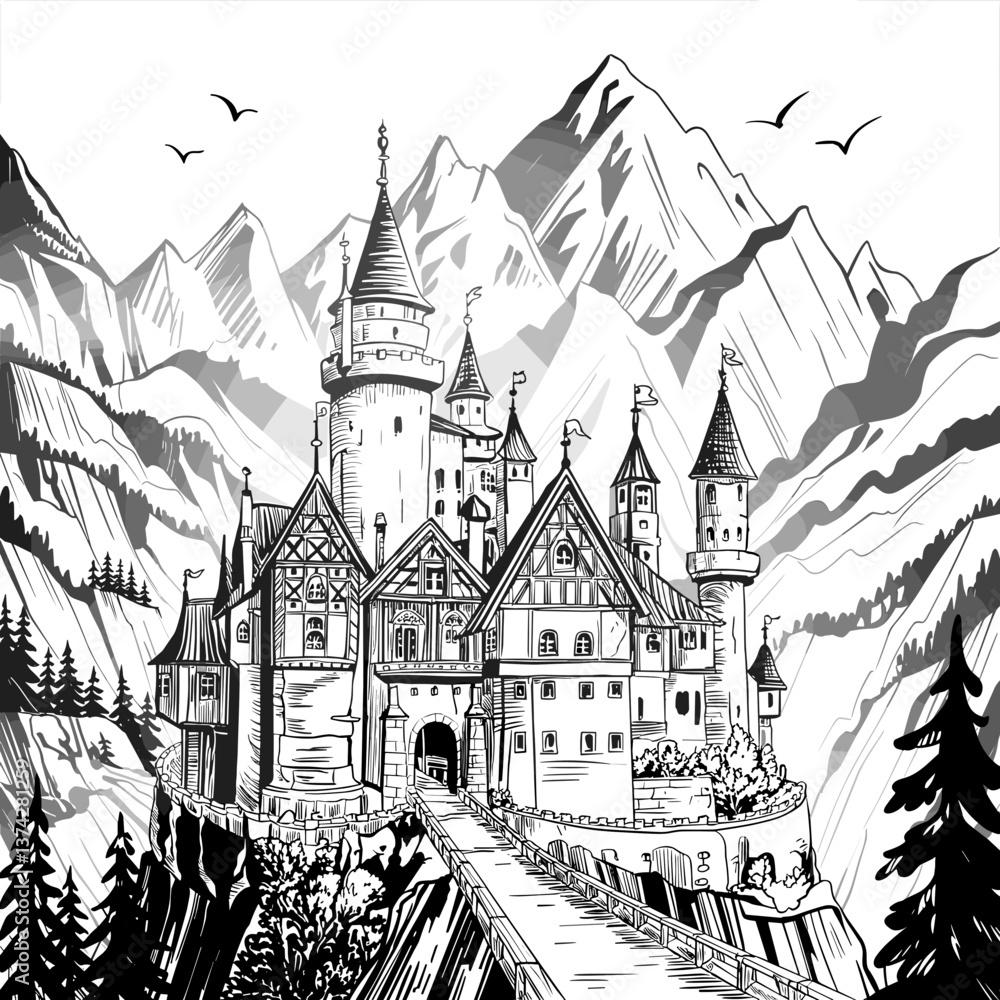 Fototapeta premium Fantasy Castle in Mountain Landscape Ink Illustration