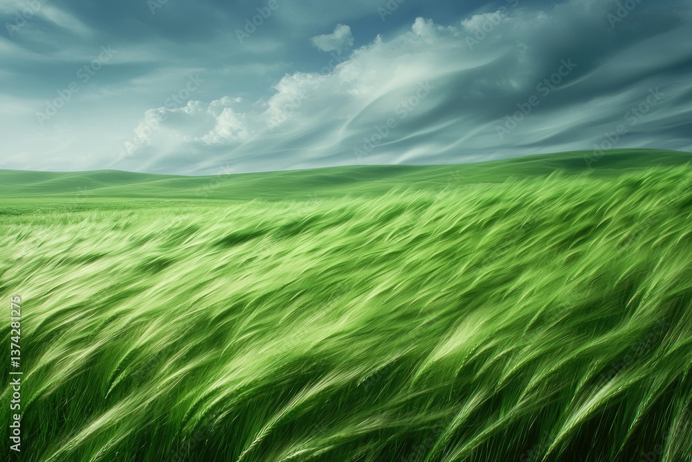 Naklejka premium Fields of Green: A windswept expanse of vibrant green fields unfolds beneath a dramatic sky, evoking a sense of freedom and the power of nature.