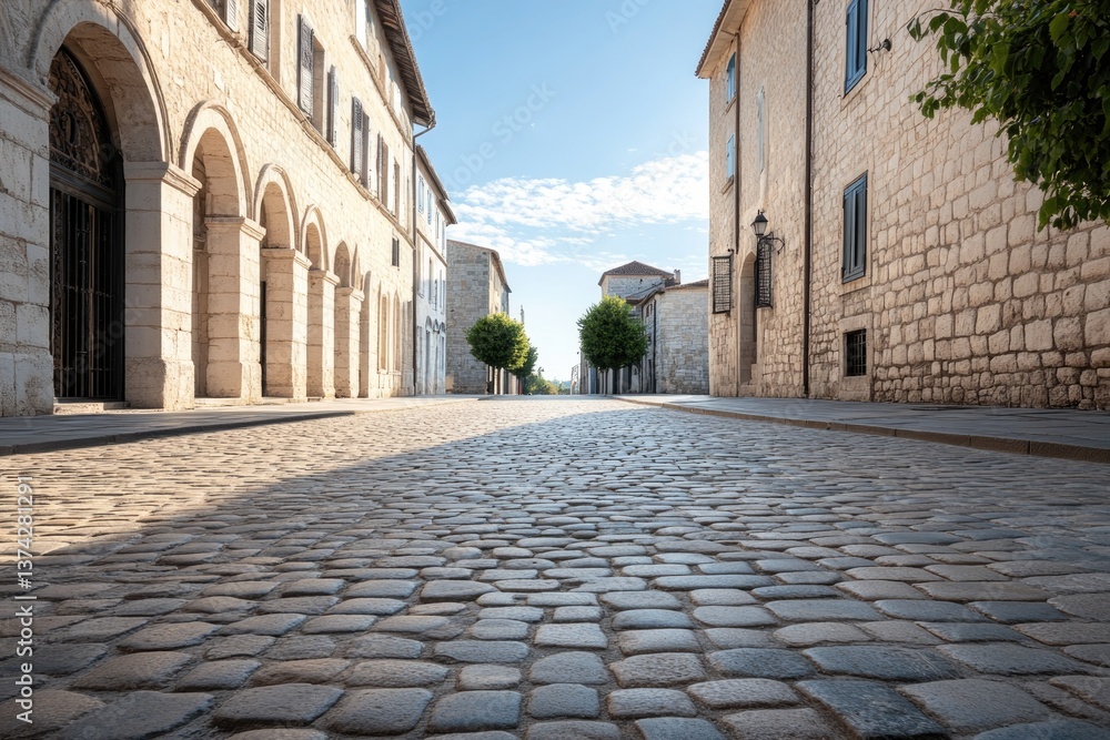 Fototapeta premium tranquil medieval city cobblestone street scene sunlight casting gentle shadows on ancient stone buildings