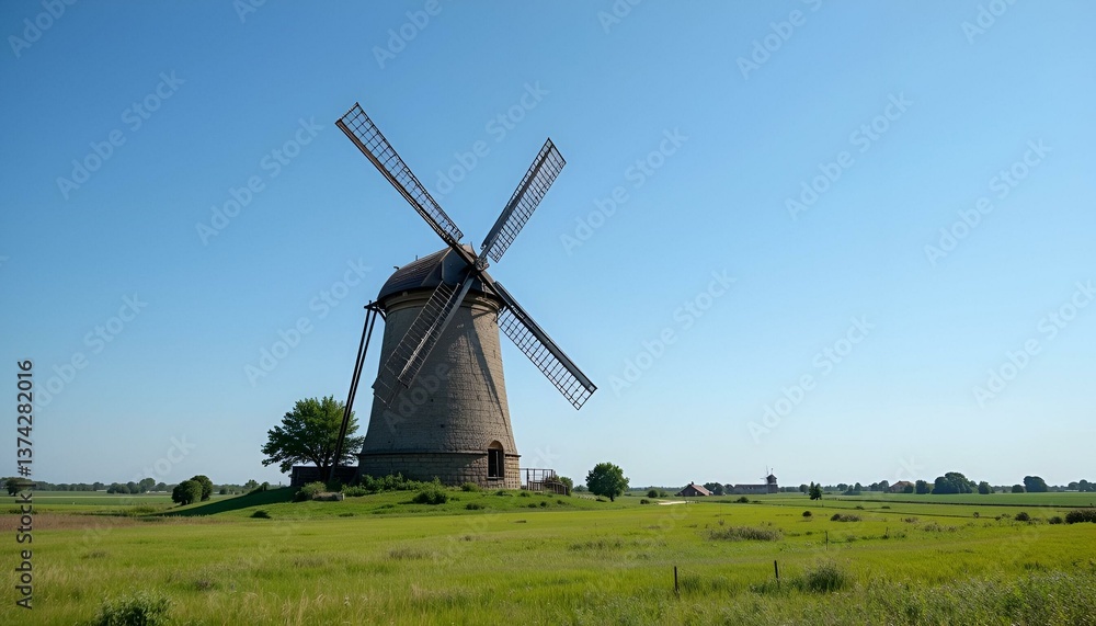 Rustic windmill in a vast green landscape under a clear blue sky Rustic windmill in a vast green landscape under a clear blue sky