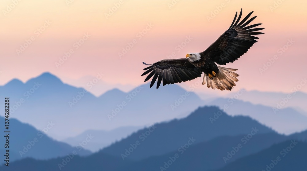 Fototapeta premium Bald Eagle Flight Over Mountains nature bird of prey