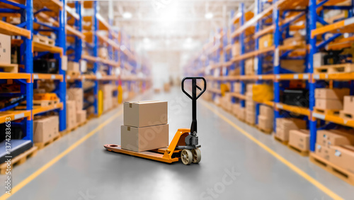 Warehouse interior with pallet jack and stacked cardboard boxes on shelves