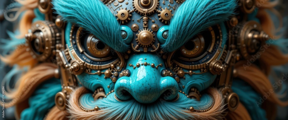 Steampunk Lion Dance Mask Intricate Gearwork Bronze Accents on a Turquoise Base | Fantasy Culture Blend Steampunk Lion Dance Mask Intricate Gearwork Bronze Accents on a Turquoise Base | Fantasy Culture Blend
