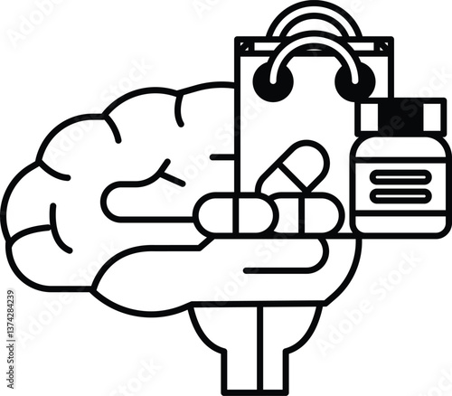 brain holding a bag of pills and a bottle of pills