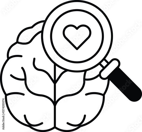 brain with a magnifying glass over it with a heart in the middle
