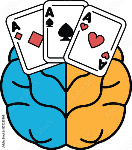A brain with two heads and three playing cards on it