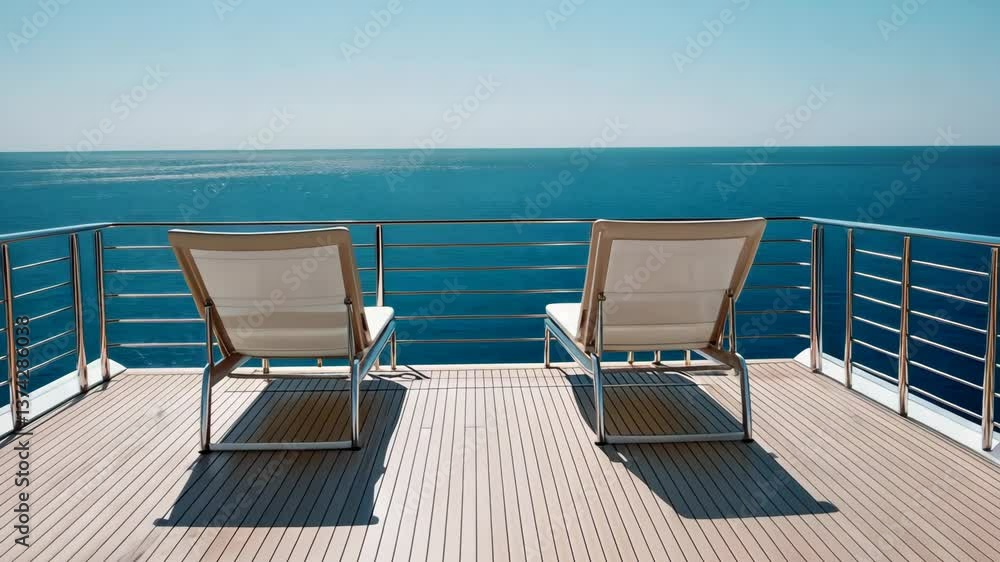A minimalist yacht deck setup featuring clean lounge chairs and sleek railings. digital A minimalist yacht deck setup featuring clean lounge chairs and sleek railings. digital