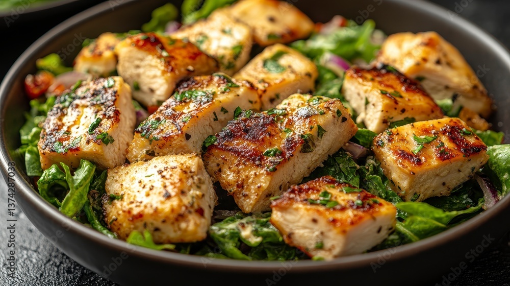 Grilled chicken pieces atop fresh greens in dark bowl Grilled chicken pieces atop fresh greens in dark bowl