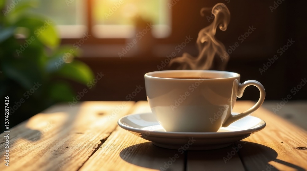 Obraz premium Morning sunlight illuminates a steaming cup of coffee on a rustic wooden table