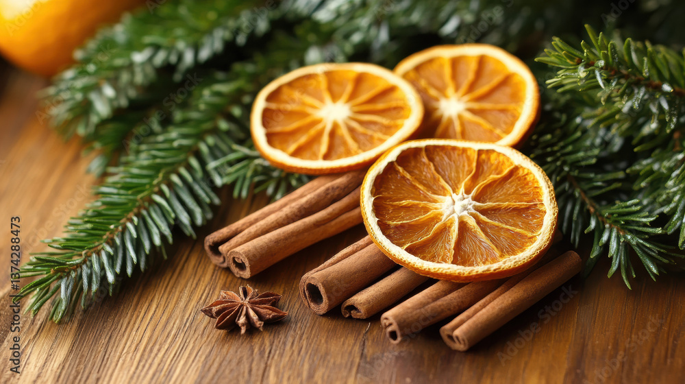 Dried Orange Slices and Cinnamon Sticks on Rustic Wooden Table Dried Orange Slices and Cinnamon Sticks on Rustic Wooden Table