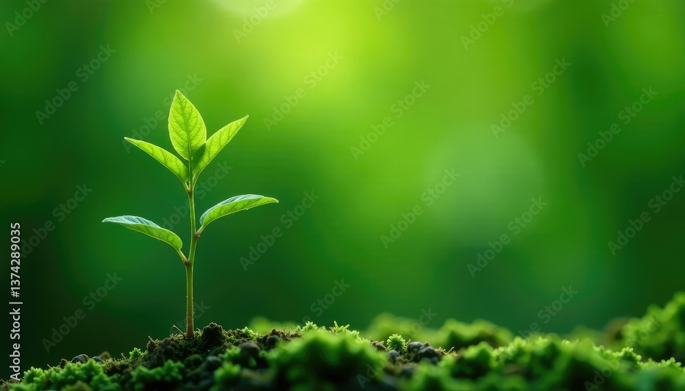 Delicate young tree, single stem, vibrant green leaves , green, background Delicate young tree, single stem, vibrant green leaves , green, background