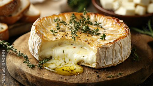 Creamy Baked Cheese with Fresh Herbs on Wooden Serving Board
