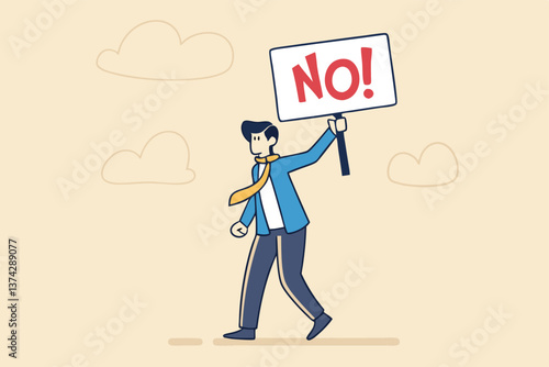 Say no, negative or stop sign, rejection or refuse to do thing, disagreement expression, communicate to stop or denied concept, businessman hold sign with the word NO with strong rejection impression.