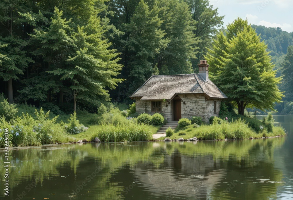 Obraz premium Tranquil Waters, Lush Greenery