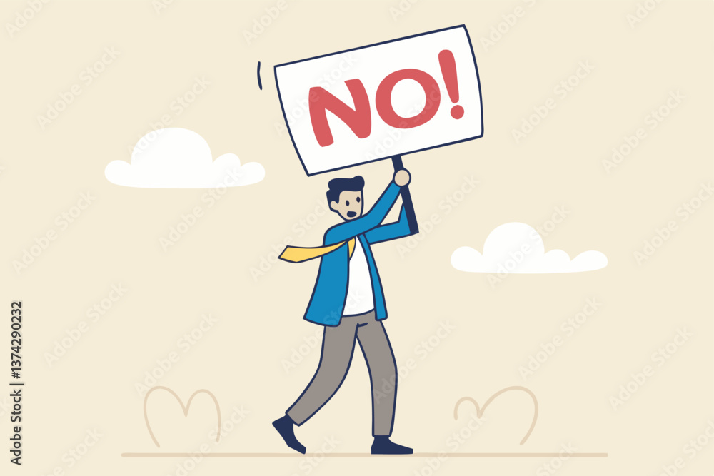 Say no, negative or stop sign, rejection or refuse to do thing, disagreement expression, communicate to stop or denied concept, businessman hold sign with the word NO with strong rejection impression.