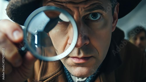 Spy detective or investigator in detective hat looks through a magnifying glass