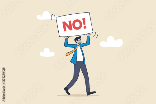 Say no, negative or stop sign, rejection or refuse to do thing, disagreement expression, communicate to stop or denied concept, businessman hold sign with the word NO with strong rejection impression.
