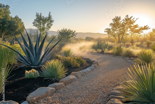 Fire-resistant xeriscape garden with Agave and Yucca, volcanic rock mulch and decomposed granite pathways under golden hour lighting for wildfire resilience concepts.