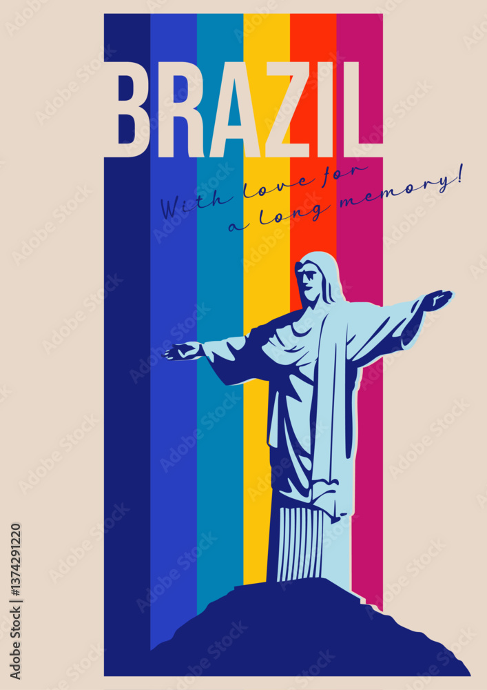 Obraz premium Brazil Attraction Postcard, 1980s Color Stripes Rio de Janeiro Jesus Statue, Vector Template Retro Style Greeting Card 