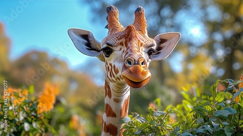 A giraffe stretching its neck towards the sky, its fur pattern detailed and realistic. 
