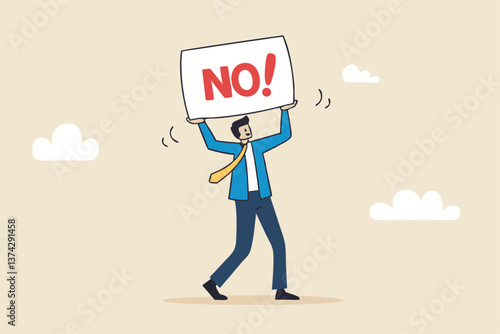 Say no, negative or stop sign, rejection or refuse to do thing, disagreement expression, communicate to stop or denied concept, businessman hold sign with the word NO with strong rejection impression.
